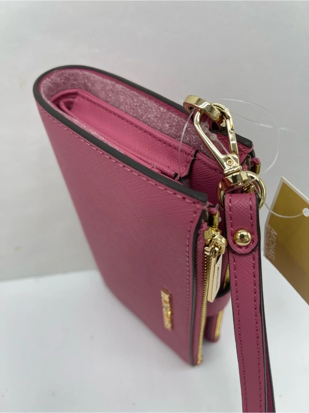 MICHAEL KORS JST Lg Double Zip Leather Wristlet Wallet Phone Holder Rosewood NWT